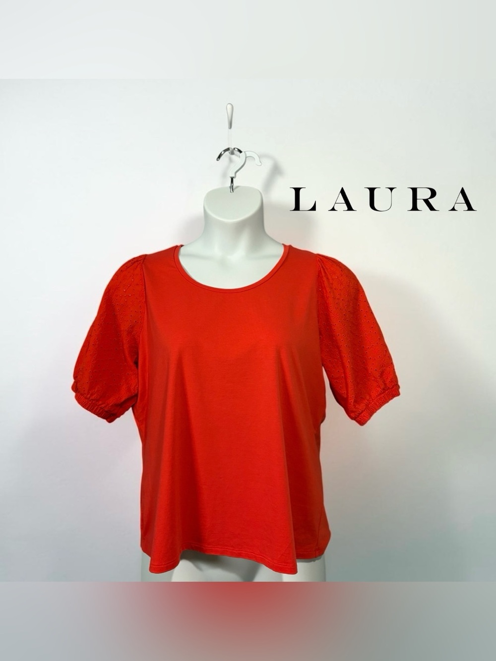 Laura Petites, XL, Orange Eyelet Puff Sleeve Stretch Top Blouse
